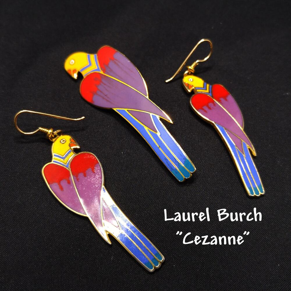Laurel Burch Cezanne Parrot Earrings & Brooch Set, 22 KG Plated Cloisonne Enamel